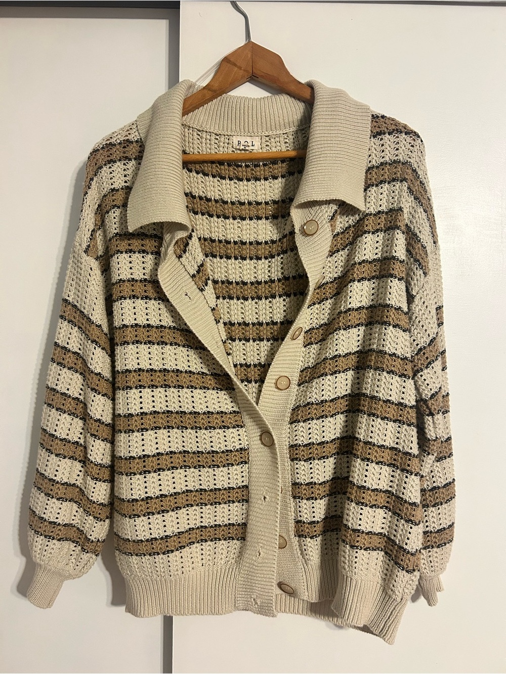 POL Striped Open-Knit Cardigan in Cream and Brown